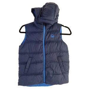 Kids Benetton Puffer Vest Hooded Blue Zip Front Ski Winter Casual Outerwear 7-8